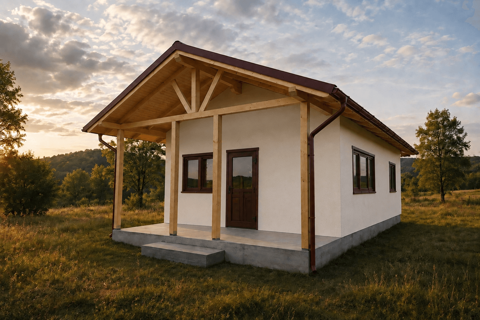 Cabană cu fațadă tencuită cu termosistem și terasă acoperită pe stâlpi de lemn