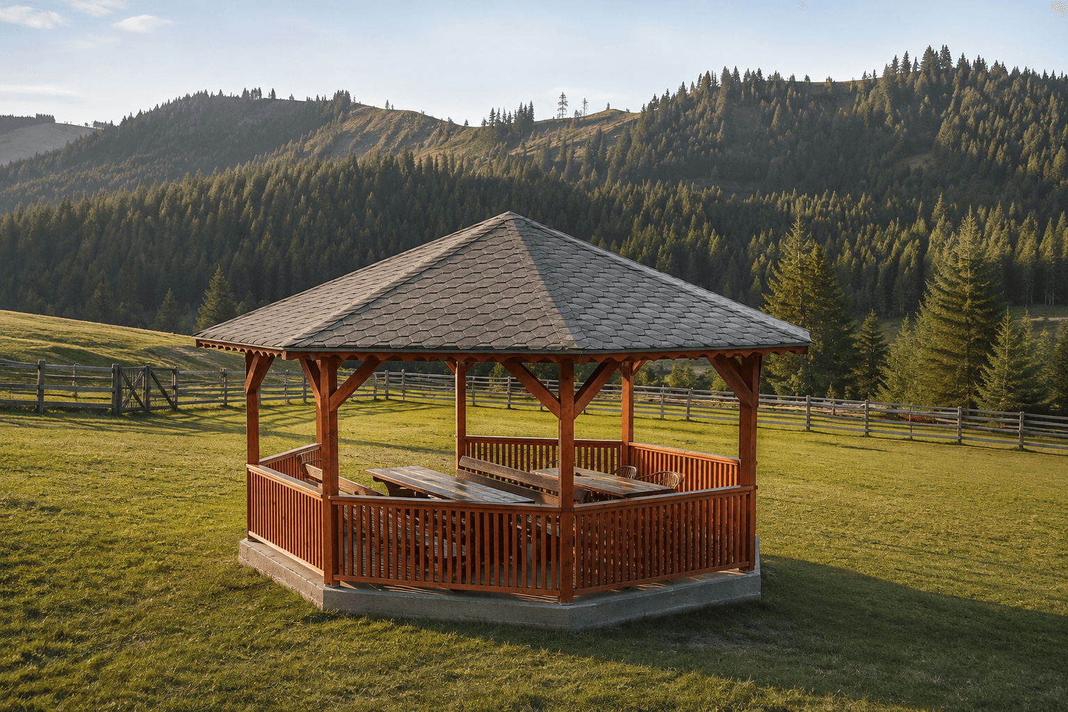 Pavilion din lemn construit într-o grădină
